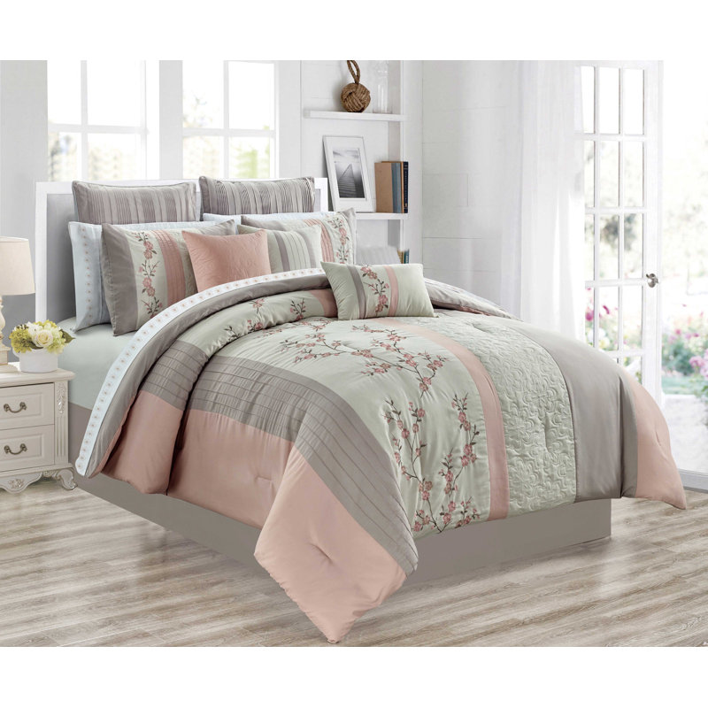 Rosalind Wheeler Roxy Peach/Gray Microfiber 7 Piece Comforter Set